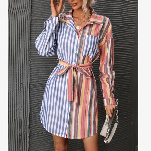 Colorful Striped Print Button Down Shirt Dress WITHOUT BELT - Picture 4 of 9